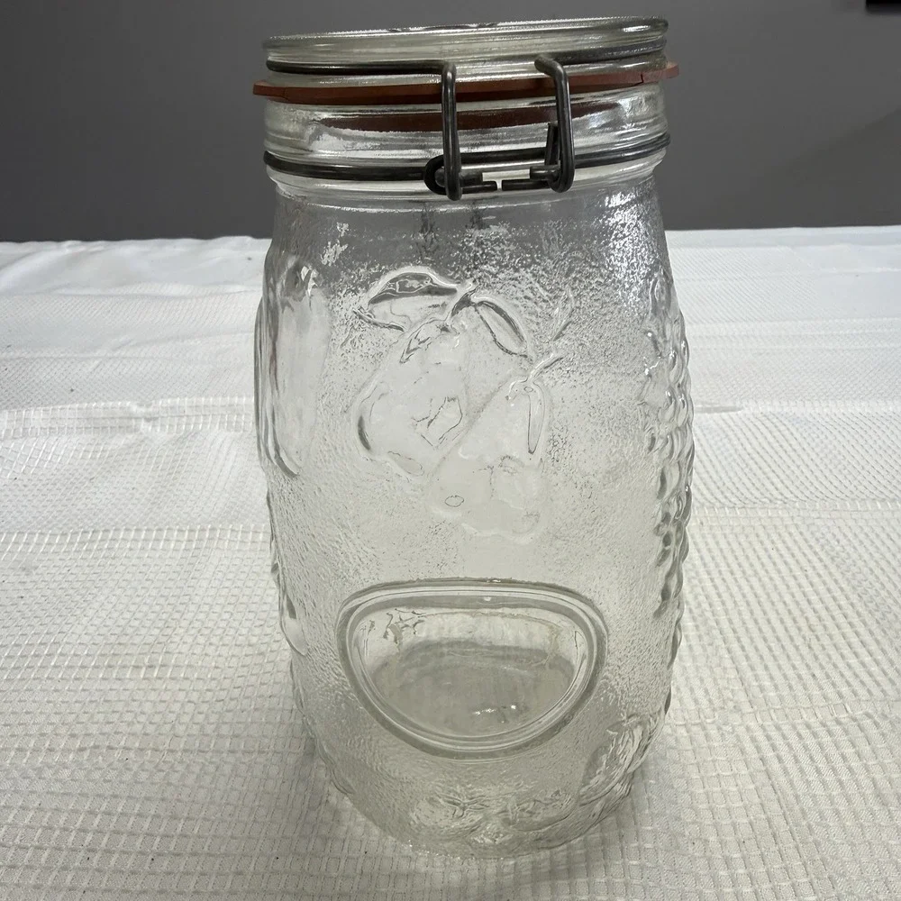 Vtg Raised Tall‎ Glass Sugar Canister Jar Metal Clamp Lid Fruit Decor 1.5L